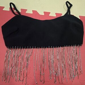 Toska Black Rhinestone Fringe Crop Top Cami Party Festival Bralette Size S/Chico